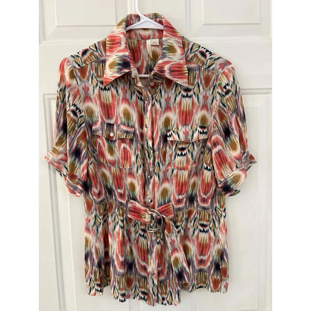 ETHYL Multicolored Abstract Ikat Belted Snap Front Boho Blouse M
